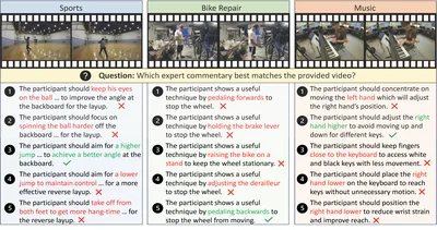 ExAct benchmark: expert commentary multiple-choice questions over sports, bike repair, and music videos